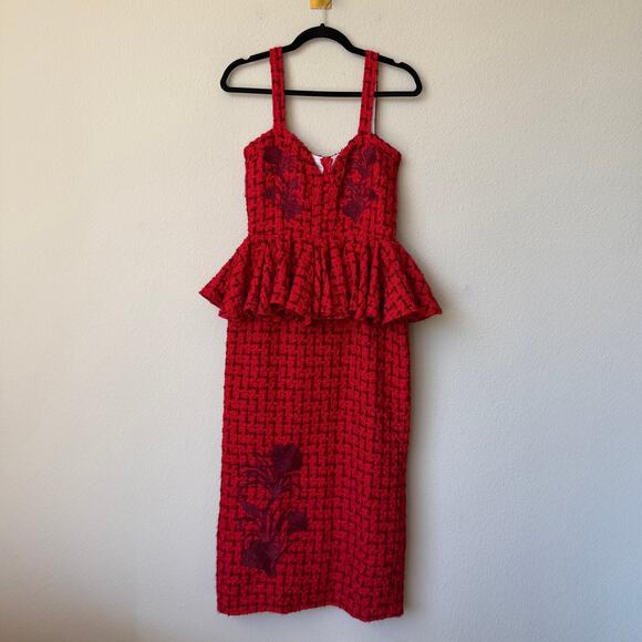 NEW NWT Fanm Mon Gulia Red Peplum Embroidered Midi Dress Size S - Picture 3 of 6